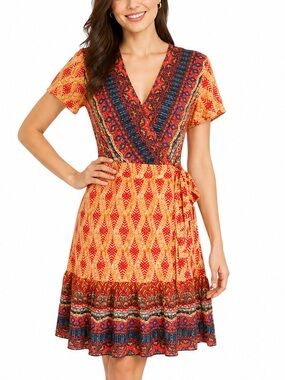 Zesica Boho Wrap Dress Red Orange Tribal Print Short Sleeve Tie Waist Size Mediu